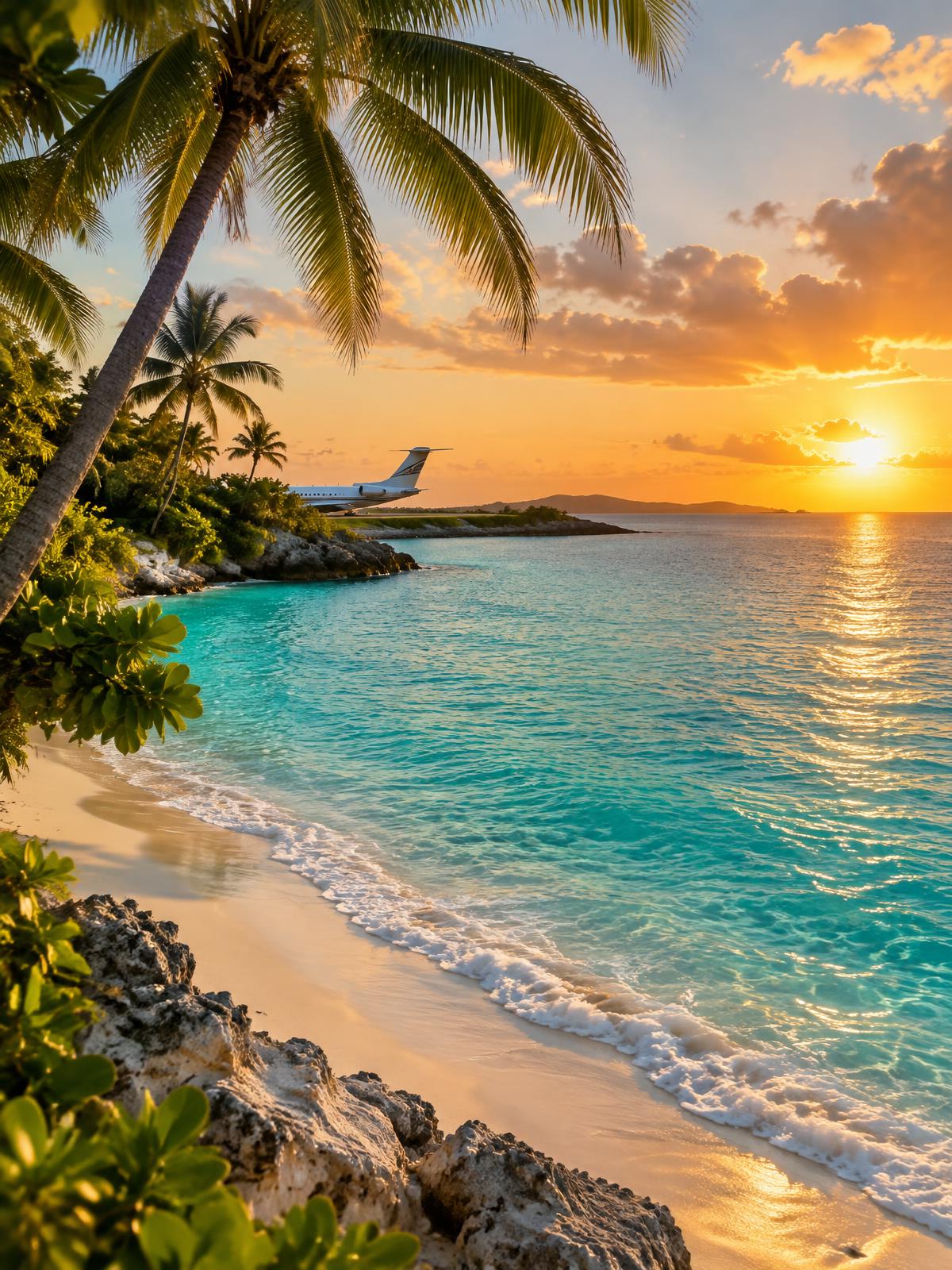 Sunset over a palm-lined Caribbean beach and turquoise sea